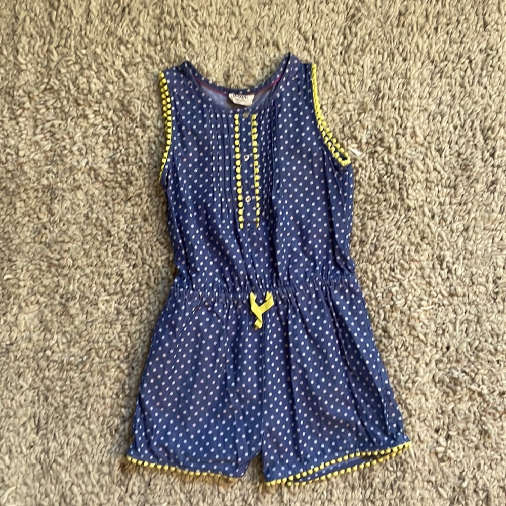Mini Boden romper, blue with white polka dots and yellow trim detail, size 7-8
